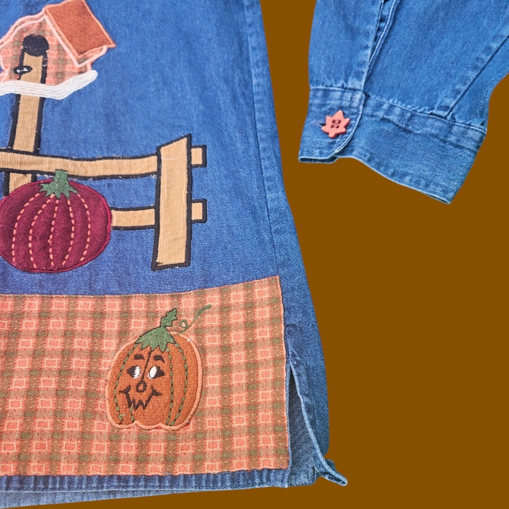 DRESS BARN | Scarecrow Pumpkins Fall Harvest Denim Button Up Shirt Sz XL - Picture 11 of 14